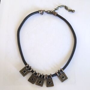Chico's necklace black leather tribal style pendants with black rhinestones.